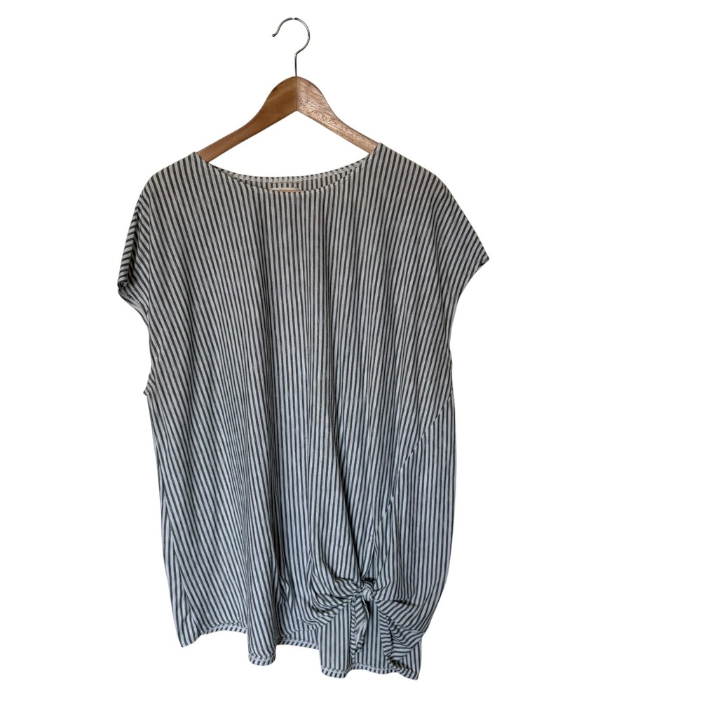 Max Studio Striped Top Women Large Grey White Excellent Side Knot Cap‎ Sleeve